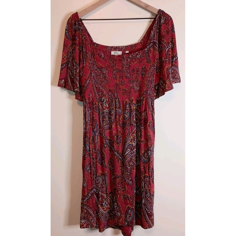 Fat Face Paisley Jersey Dress Cherry Red Size 4 NWT Smocked Pockets Boho Casual - Picture 3 of 13